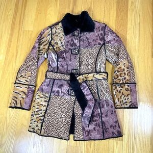 Lapis Faux Suede Patchwork Coat Faux Fur Collar Leopard Pink (S)